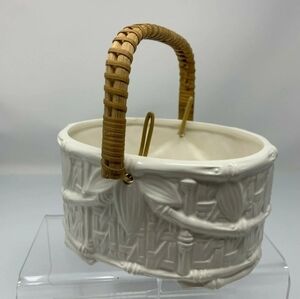 Planter Ceramic Basket Bamboo Design Wicker Handle Vintage Japan White Catchall